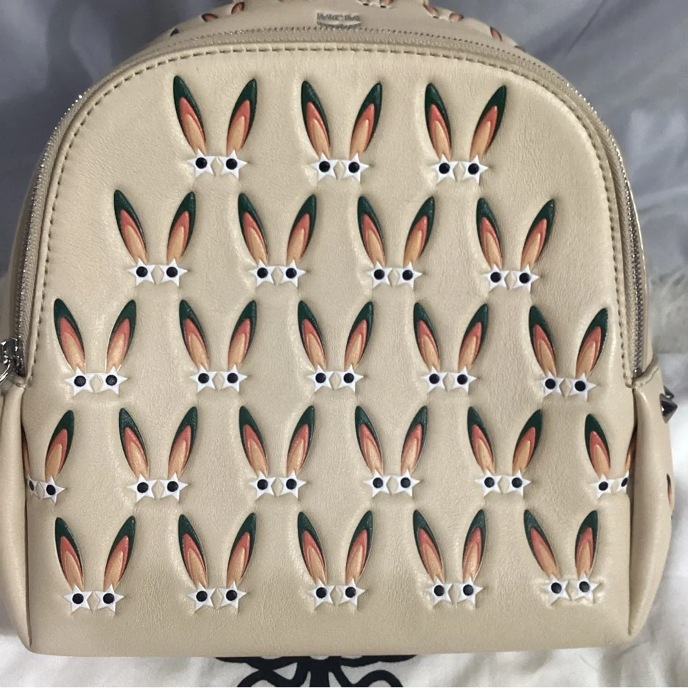MCM Star Eyed Bunny Rabbit Lambskin Mini Backpack Studded Straps Pink Suede Int